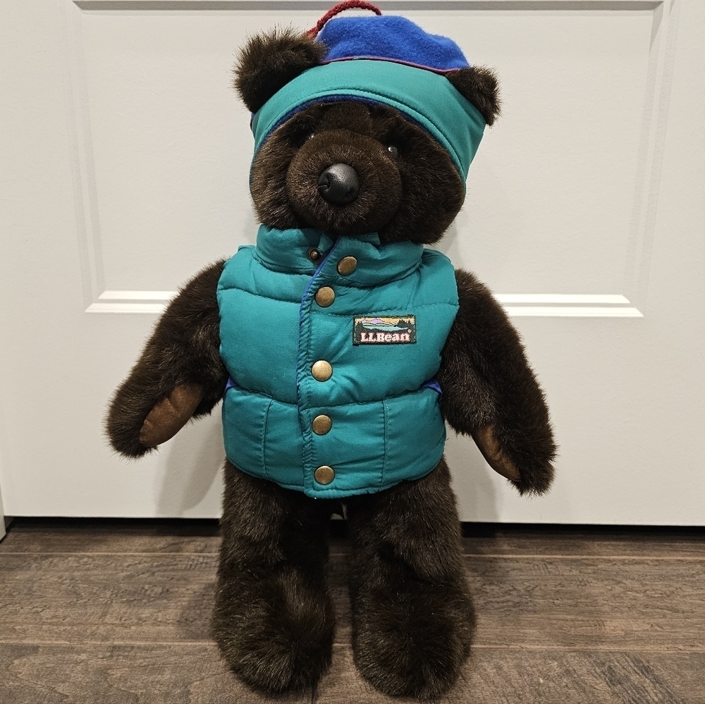 Vintage L.L. Bean Plush Bear with Green Puffer Vest & Hat 80s/90s